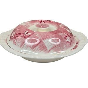Vintage Grindley Trellis Red Transferware Covered Vegetable Dish Red White